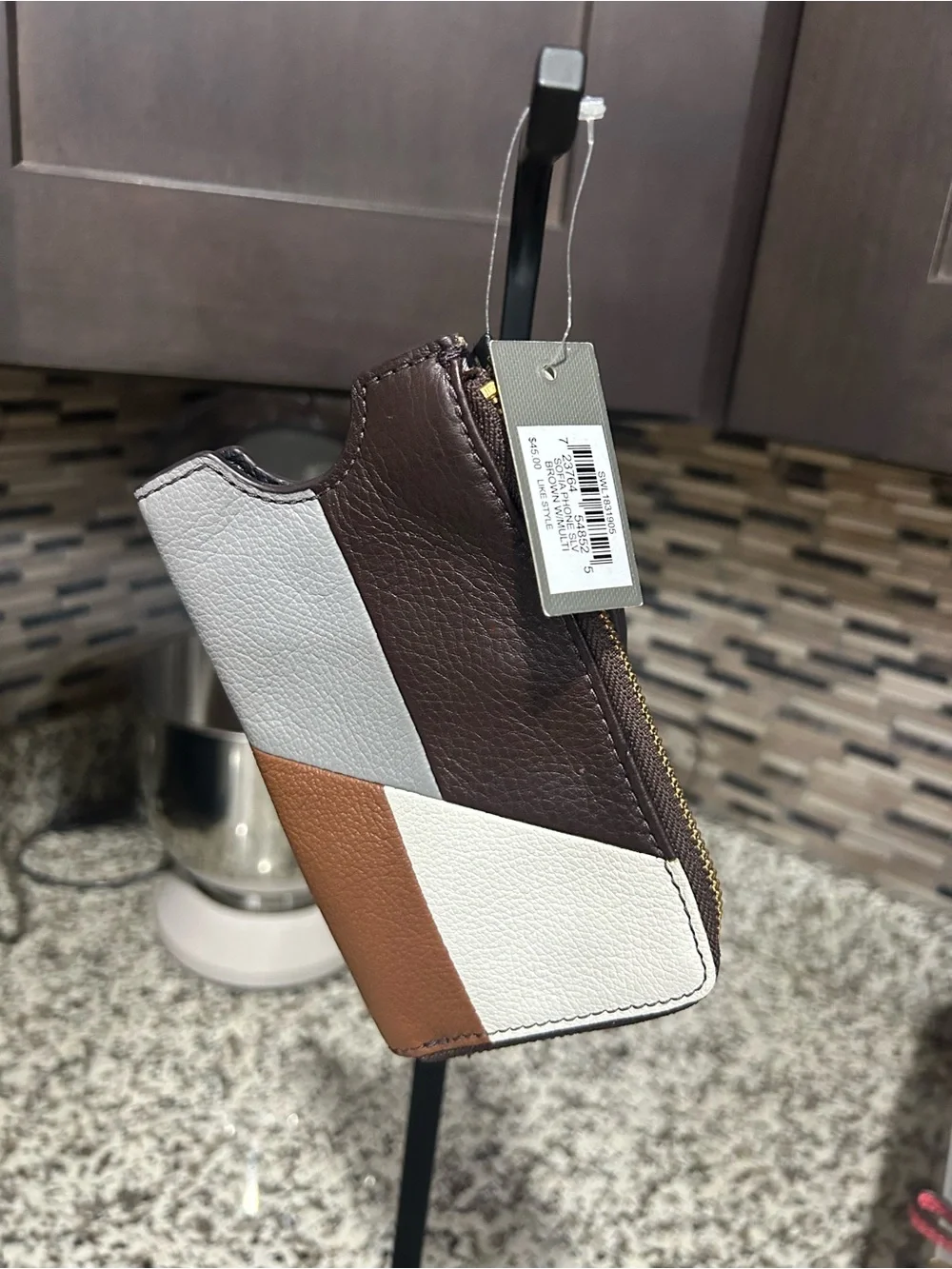 NWT Fossil Colorblock Leather Wristlet in Brown, White, Gray, Tan